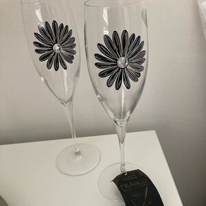 Franco Vetrerie-e Cristallerie Jewel Black Flower Champagne Flutes made in Italy